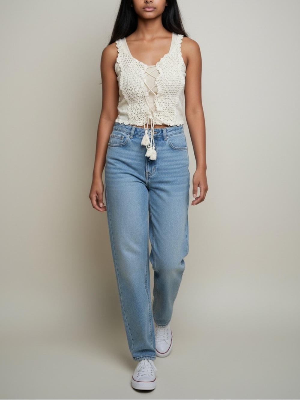 Poof! Cream Crochet Lace-Up Tank Top Medium NWT Boho Tassel